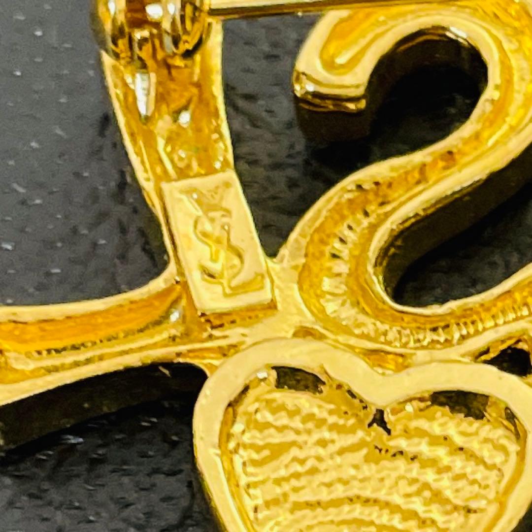 【美品/刻印】サンローラン YSL ロゴ ハート ピカピカ ブローチ ゴールド