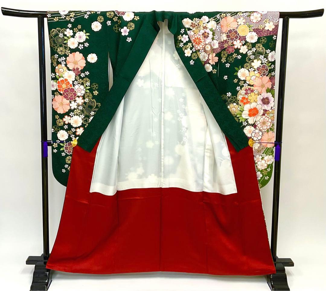 綺麗な地模様入りのグリーン地に桜が可愛い振り袖フルセット➕着付け用小物