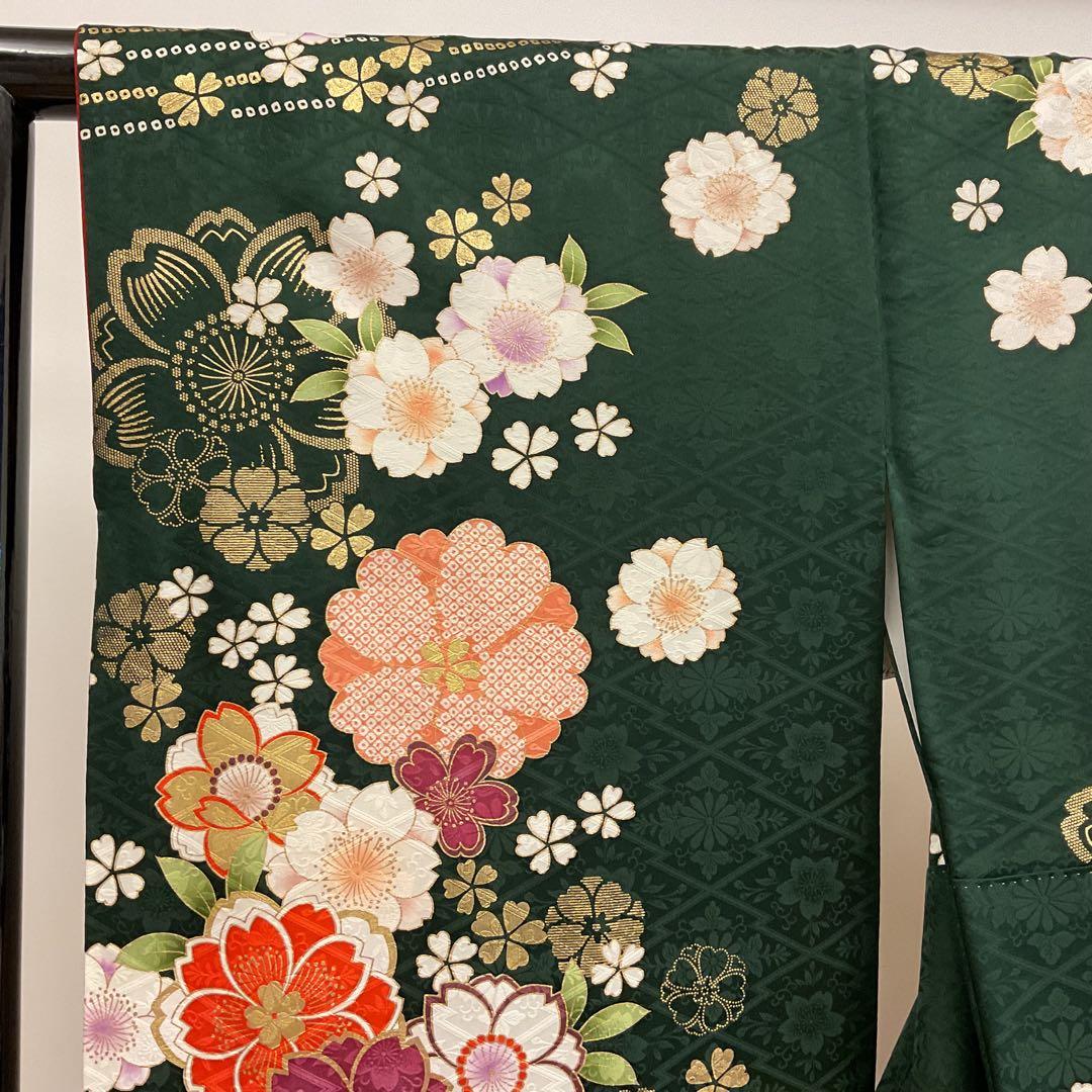 綺麗な地模様入りのグリーン地に桜が可愛い振り袖フルセット➕着付け用小物