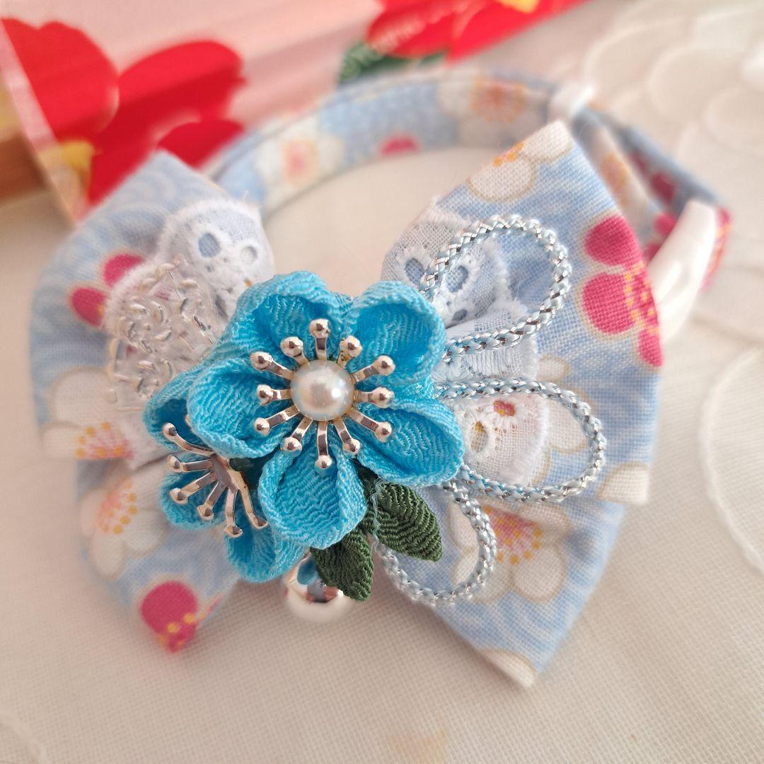 お正月、つまみ細工リボン(水色)わんちゃん猫ちゃん用首輪