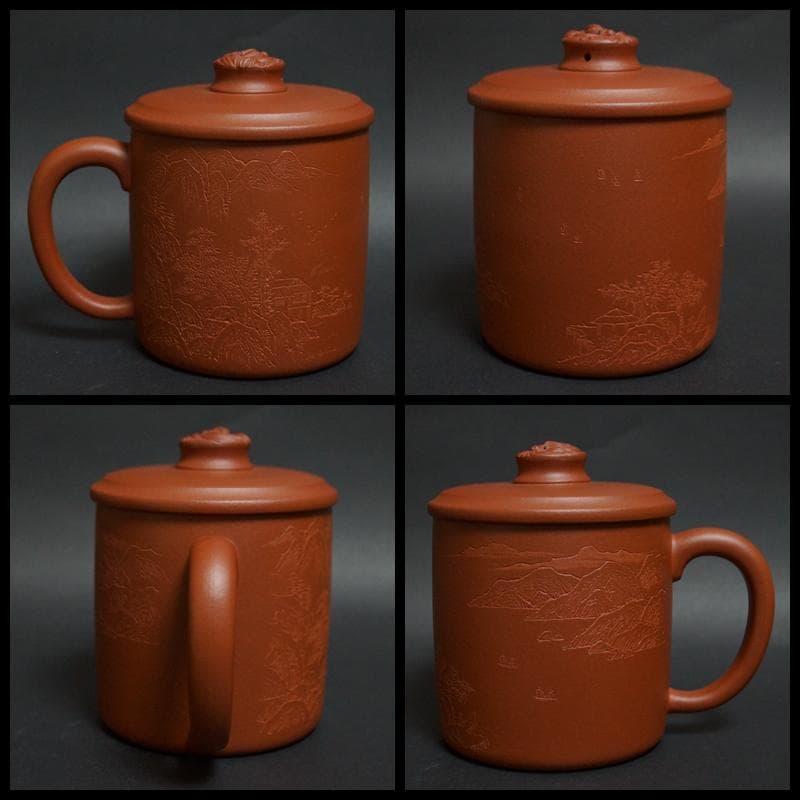 工芸美術師 許海中造 朱泥茶器 細密彫『山水風景図』蓋/持ち手付 龍摘 紫砂共箱