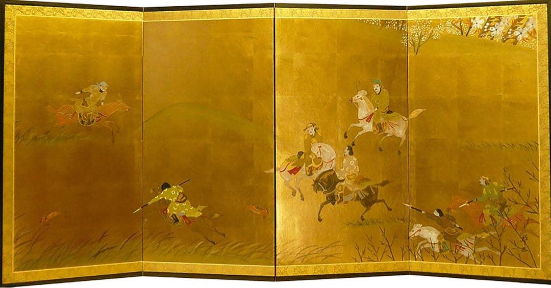 四つ折り屏風　日本画　金箔彩色　蒙古襲来図
