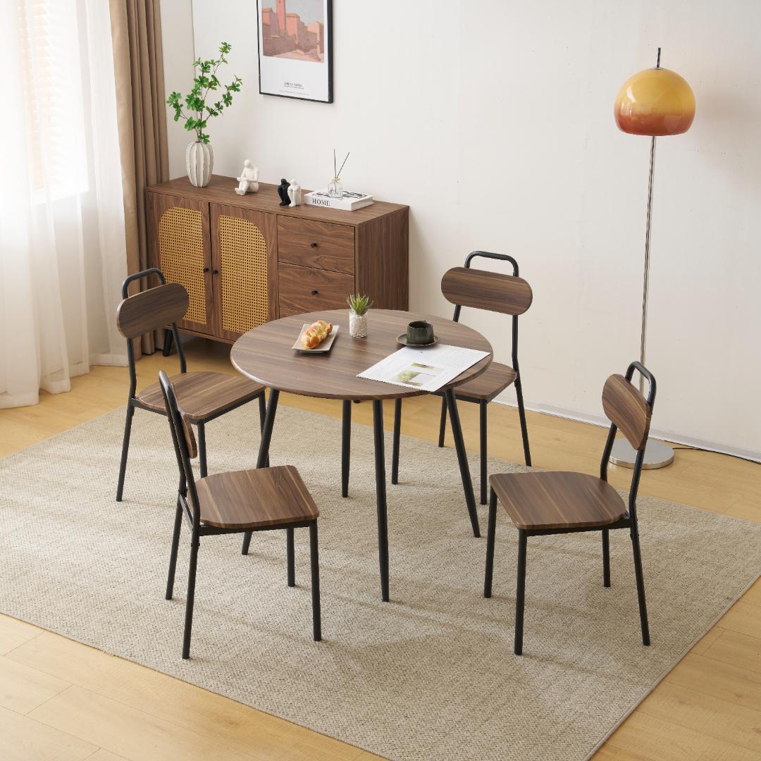 在庫一掃セール！4人掛けダイニング 5点セット　円型　コンパクト　BROWN