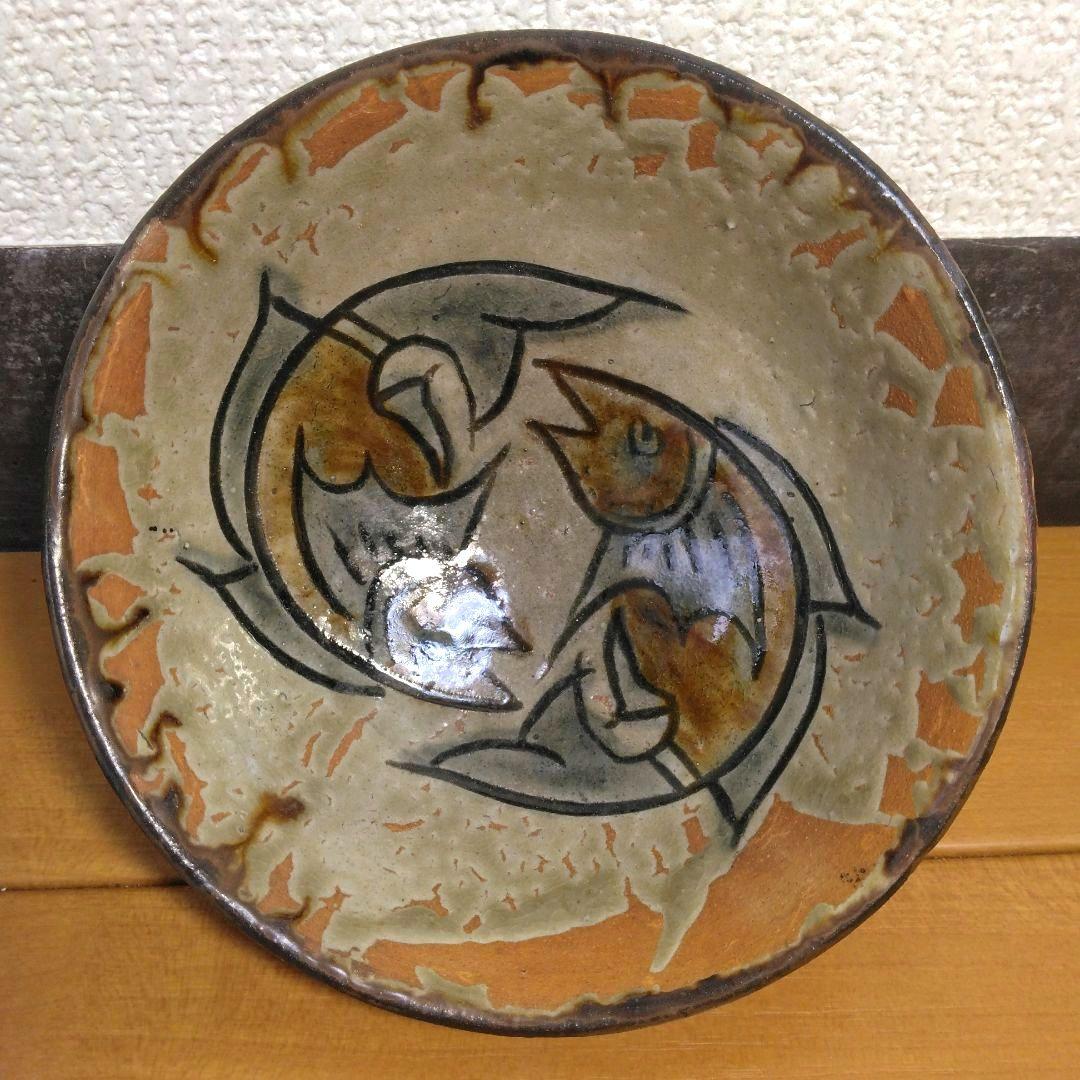 人間国宝 金城次郎 壷屋焼マカイ 栞 共箱 無傷 壺屋焼 やちむん 笑魚2匹