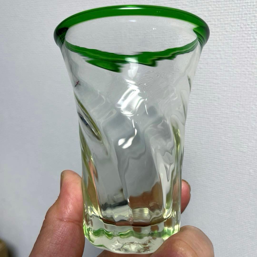時代ガラス　古作　手吹きガラス　緑と青リム　グラス　４客セット
