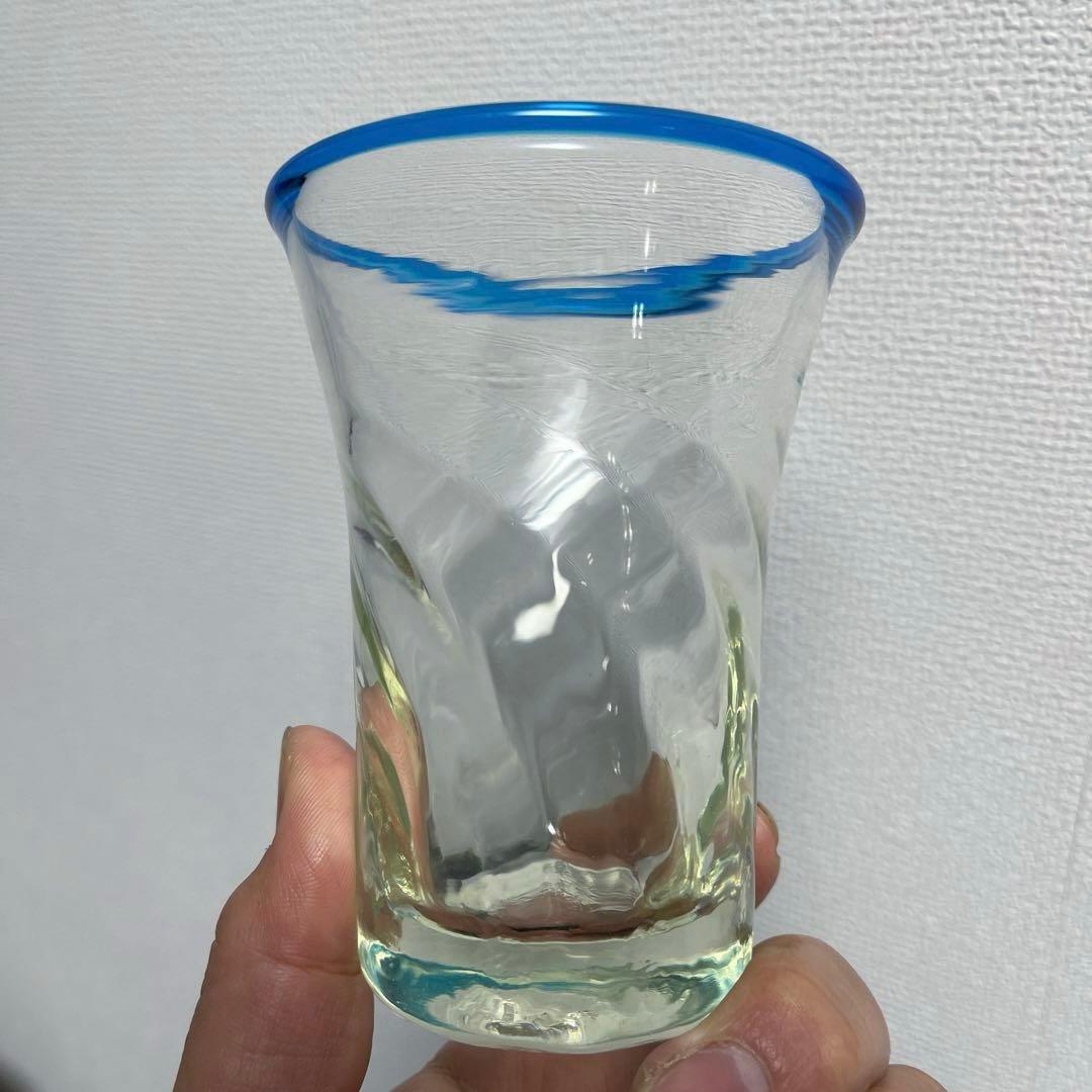 時代ガラス　古作　手吹きガラス　緑と青リム　グラス　４客セット