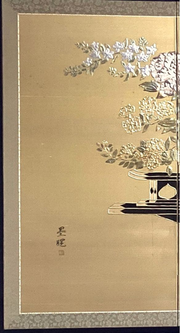 四つ折り屏風　日本画　金箔彩色　『花車』