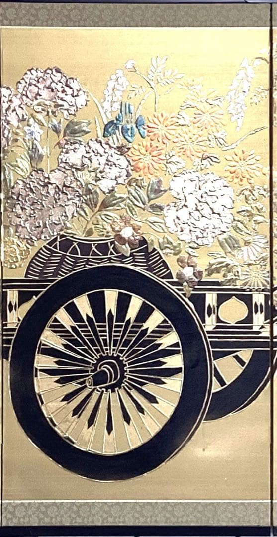 四つ折り屏風　日本画　金箔彩色　『花車』