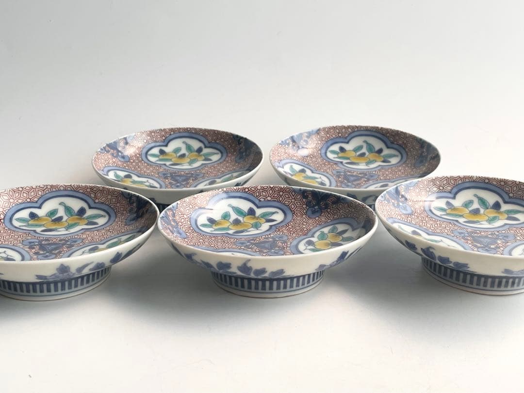 陶芸家　人間国宝　今泉今右衛門　染錦　三方割橘文　皿　5枚揃　鍋島写　鍋島焼