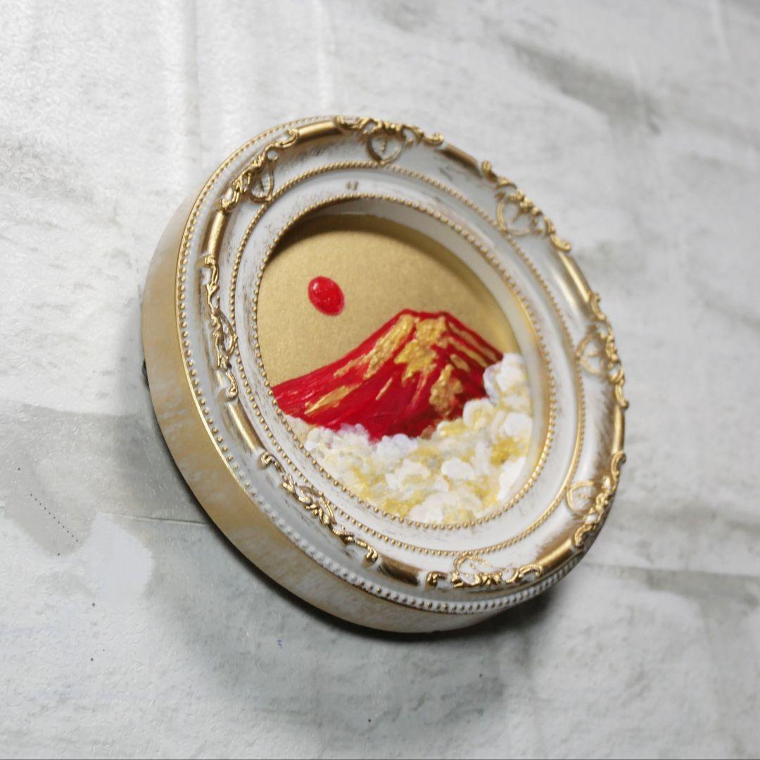 油絵 油彩 油彩画 絵 絵画 円形ミニ絵画 【赤富士】【金】