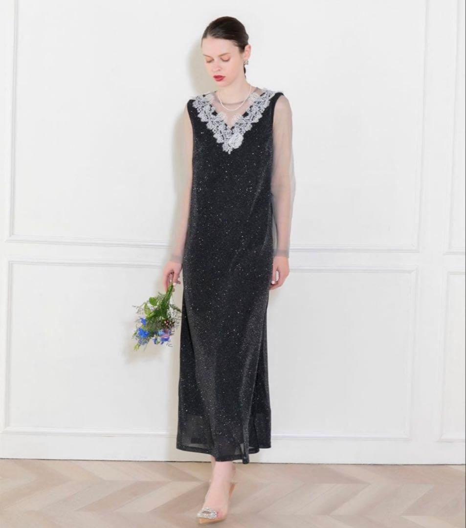 【LEJA】レースネック透け袖スリットキラキラロングドレスワンピース