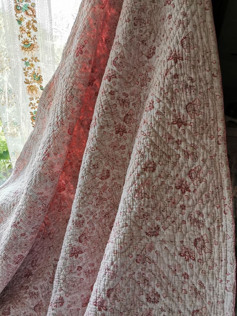 アンティーク英国 ウェールズ/ダーラムキルト 花更紗ペイズリー ハンドステッチ