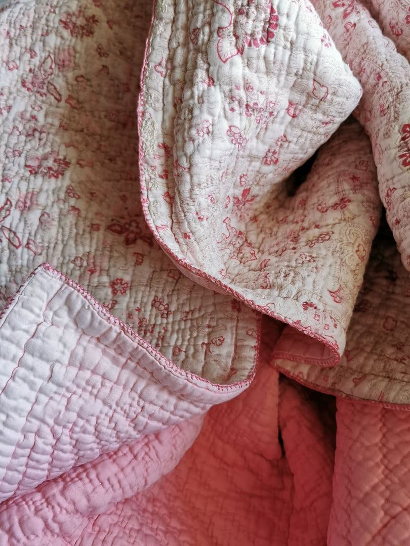 アンティーク英国 ウェールズ/ダーラムキルト 花更紗ペイズリー ハンドステッチ