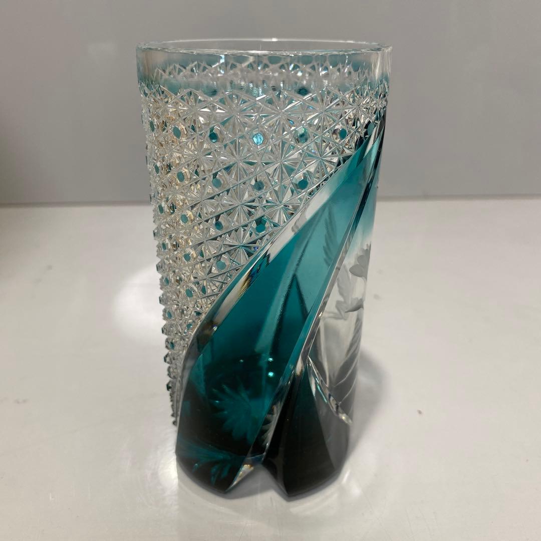 未使用 江戸切子 但野英芳 月に鶴図 ガラス コップ 伝統工芸 切子