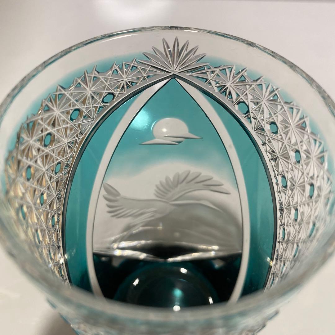 未使用 江戸切子 但野英芳 月に鶴図 ガラス コップ 伝統工芸 切子