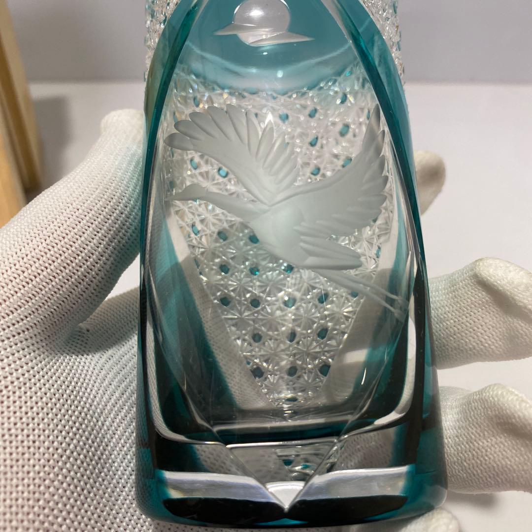 未使用 江戸切子 但野英芳 月に鶴図 ガラス コップ 伝統工芸 切子