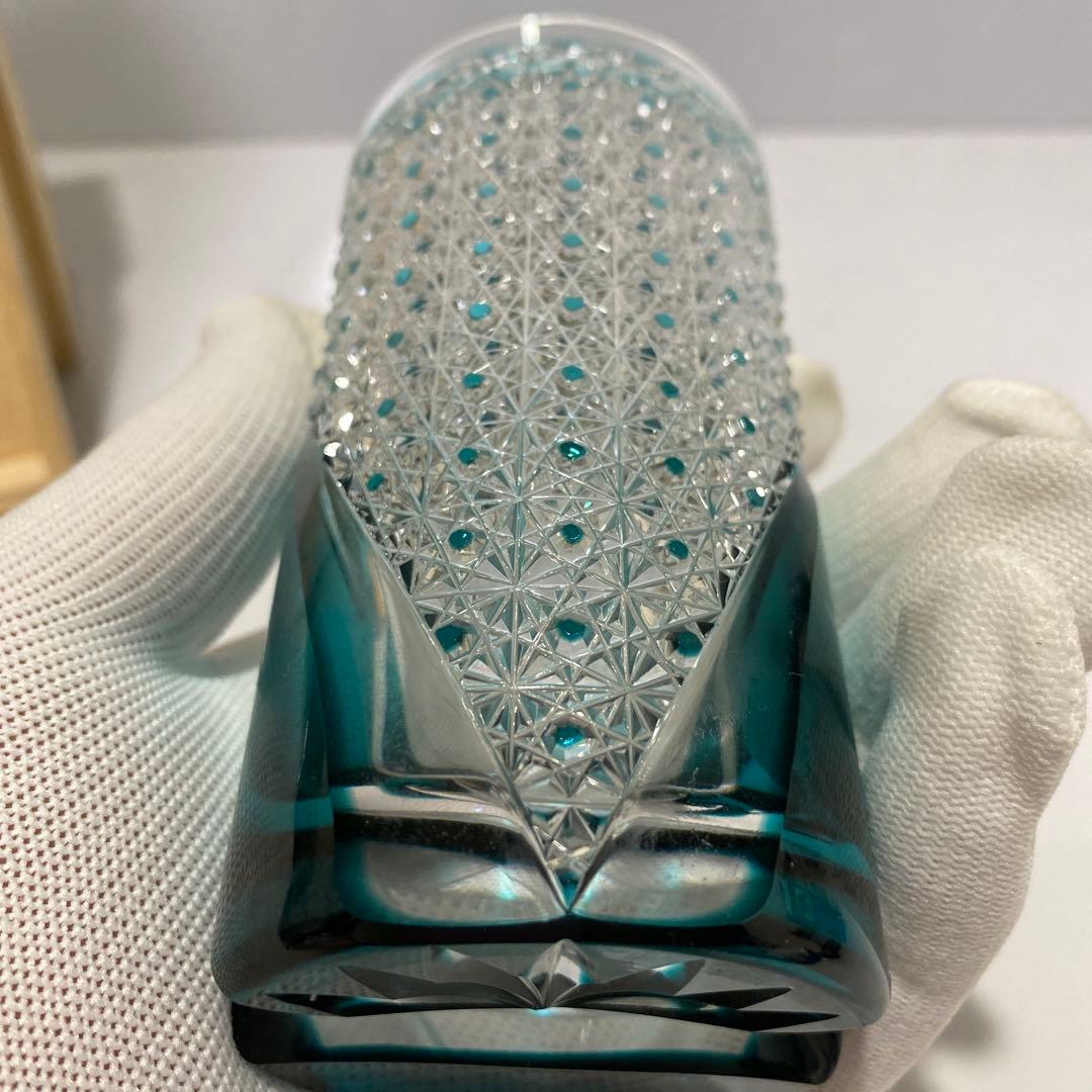 未使用 江戸切子 但野英芳 月に鶴図 ガラス コップ 伝統工芸 切子