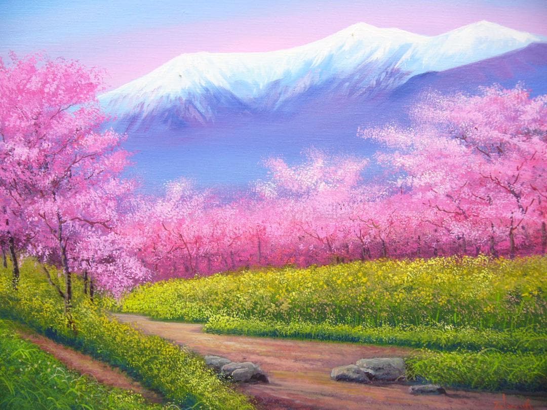 絵画  油絵 肉筆油絵  竹内敏彦  風景画  桜の並木  Ｆ12