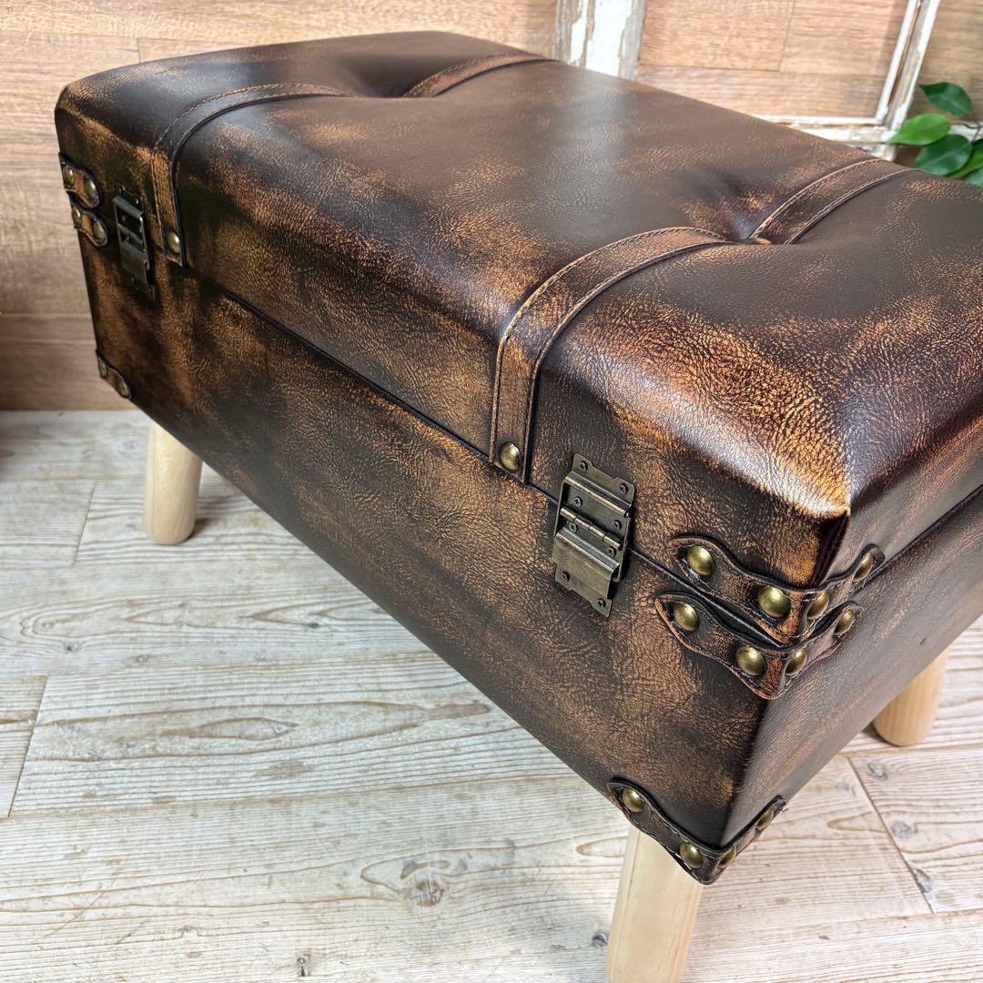アンティーク調トランク型収納ケース付きレザーベンチスツール木製足オットマン椅子