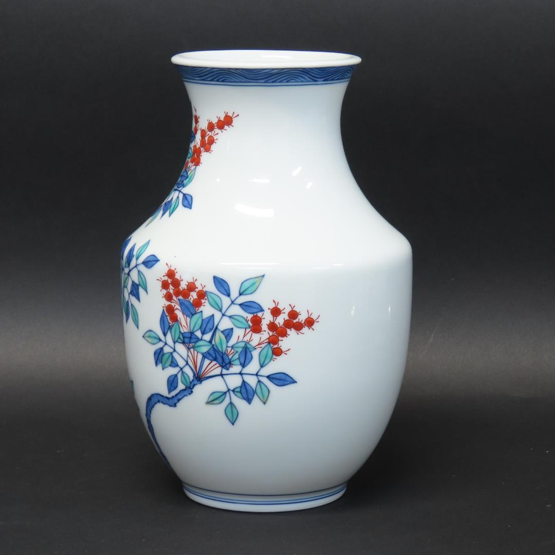 ⭕407 今泉今右衛門 錦南天絵花瓶 高21cm/色鍋島 人間国宝 有田焼