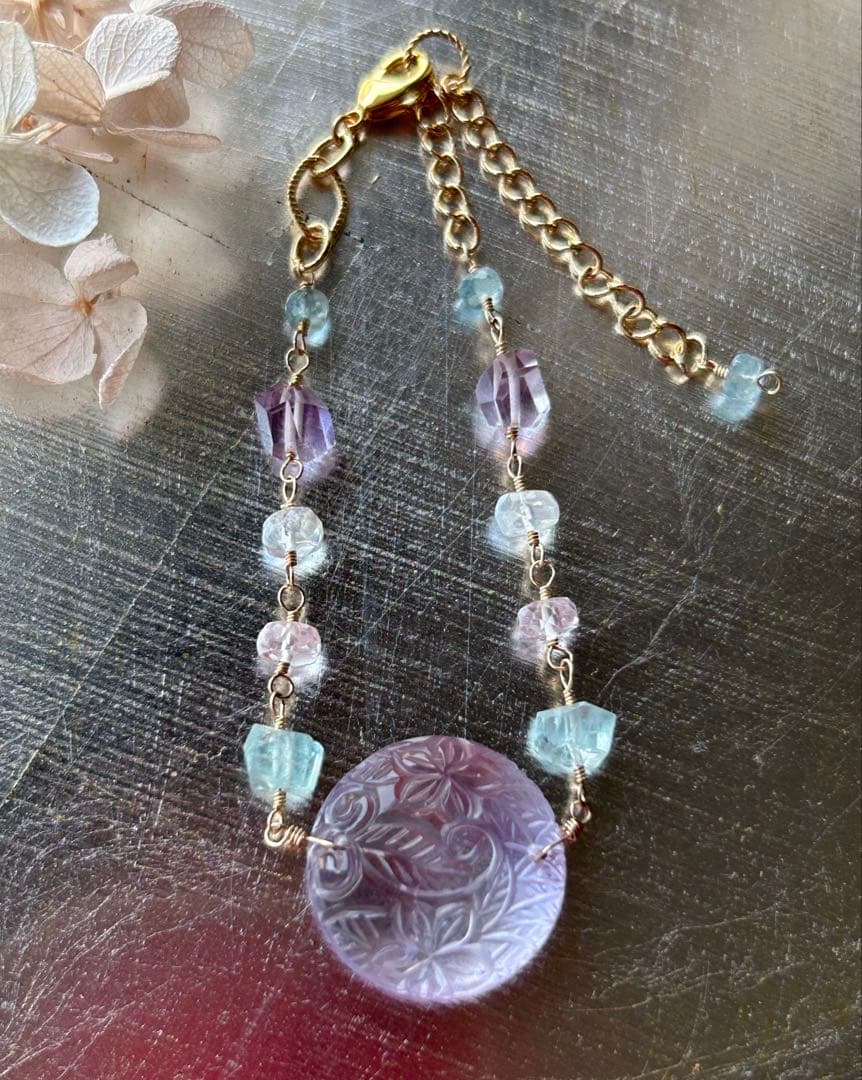 専用❣️ピンクアメジストプルメリアカービング＆アクアマリンとモルガナイトのブレス他