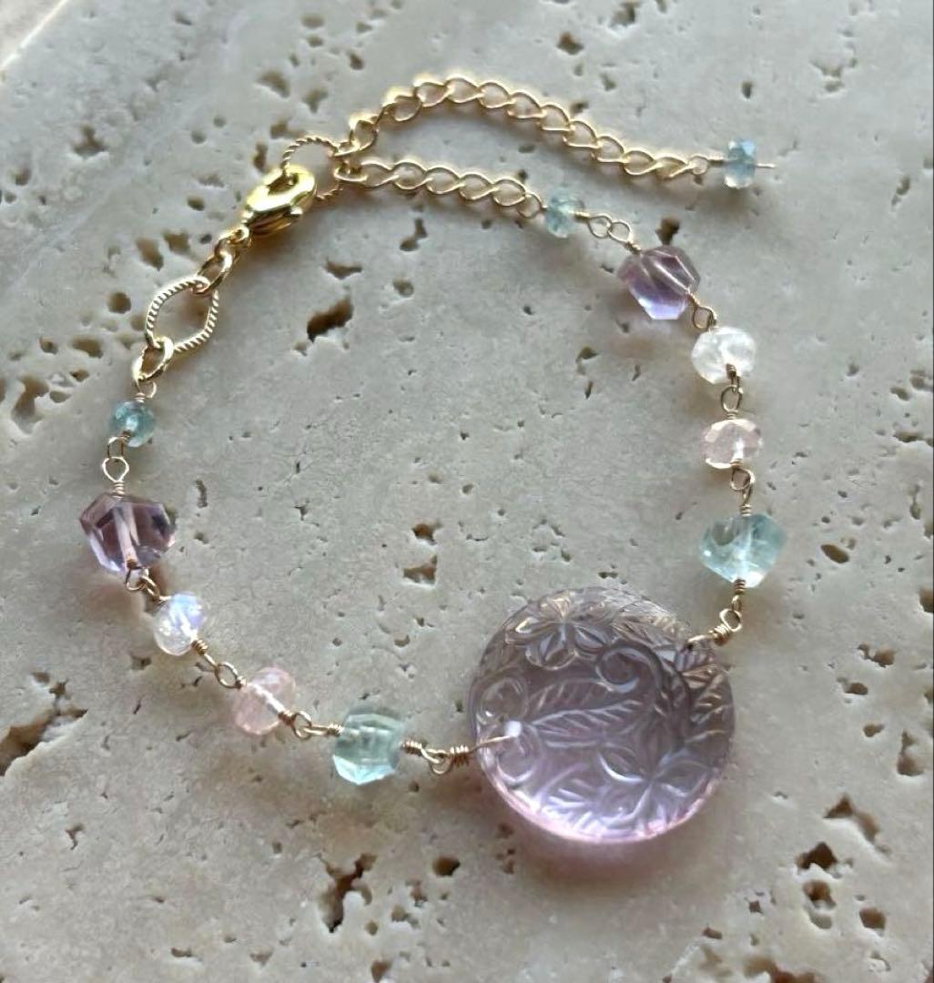 専用❣️ピンクアメジストプルメリアカービング＆アクアマリンとモルガナイトのブレス他