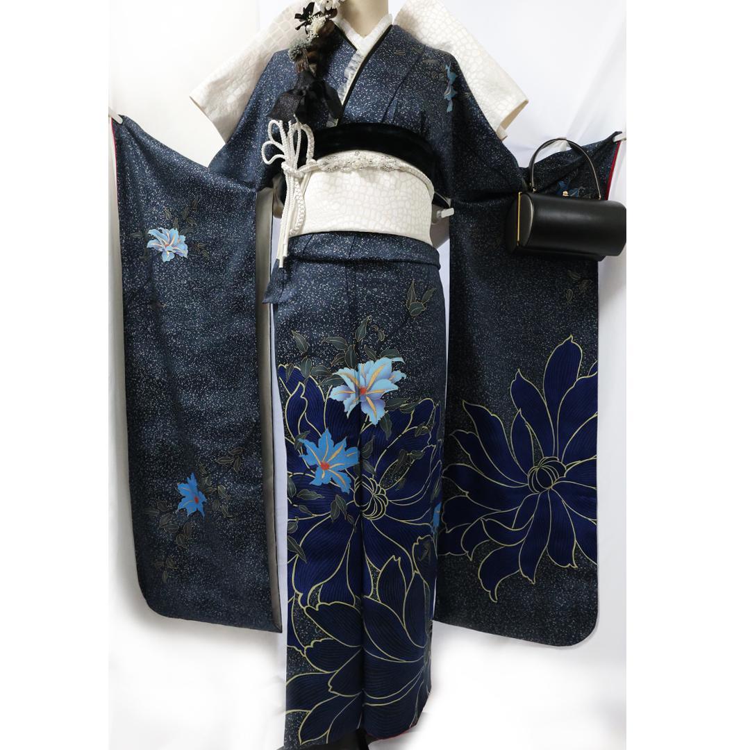 急ぎ対応可！極美品振袖セット ◆166.5cmフルセット成人式紺色新古品fB58