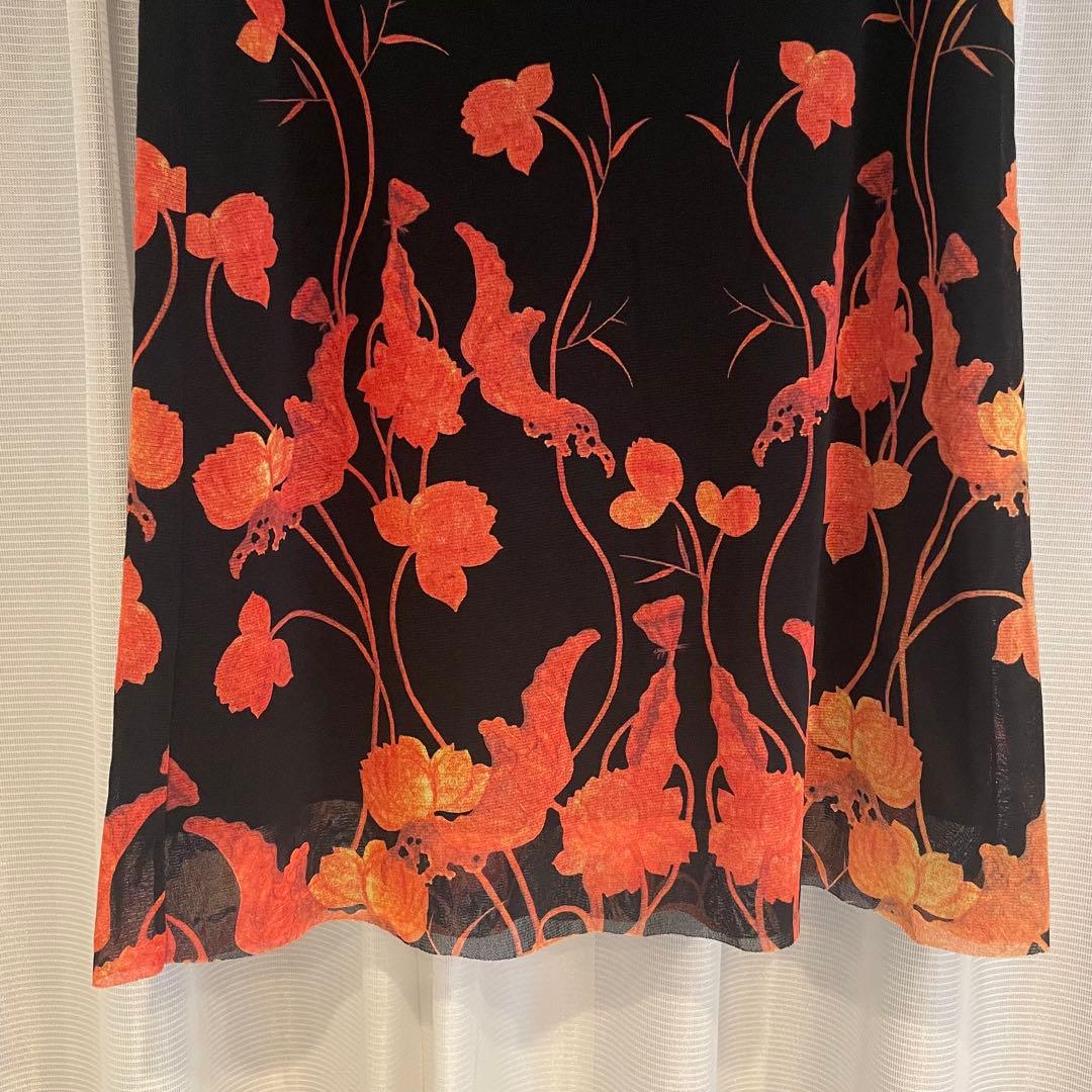 VIVIENNE TAM パワーネット膝丈スカート 黒/オレンジ 花柄 S