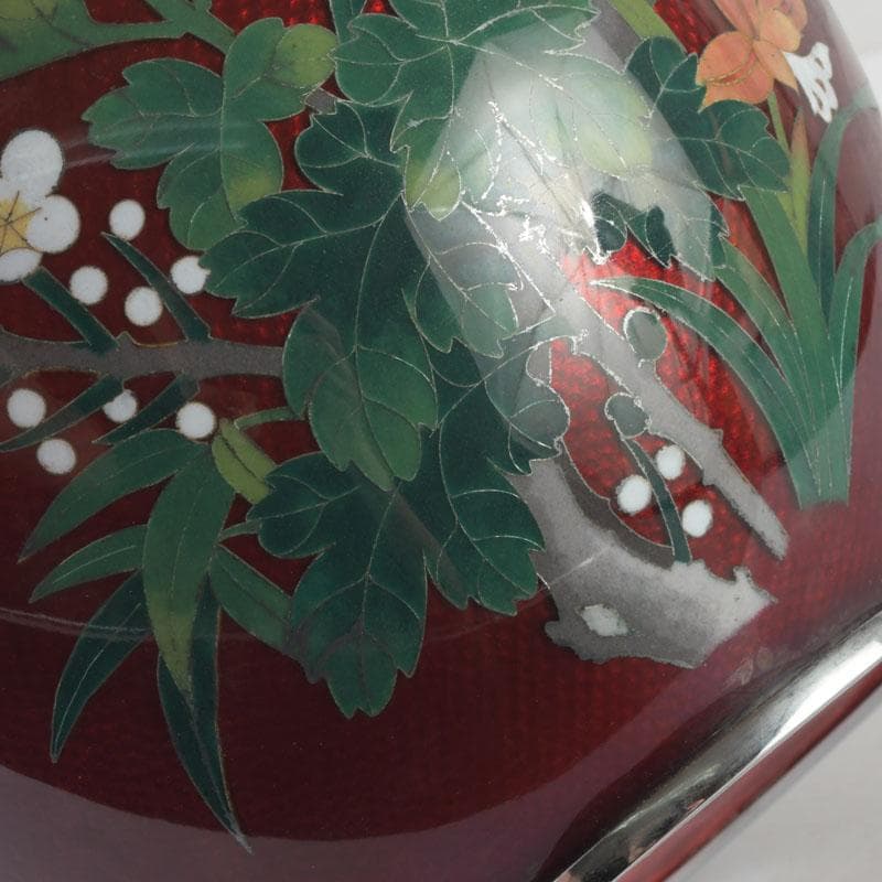 七宝焼　尾張佐藤七宝店謹製　赤透釉　四君子文　花瓶　V　9310