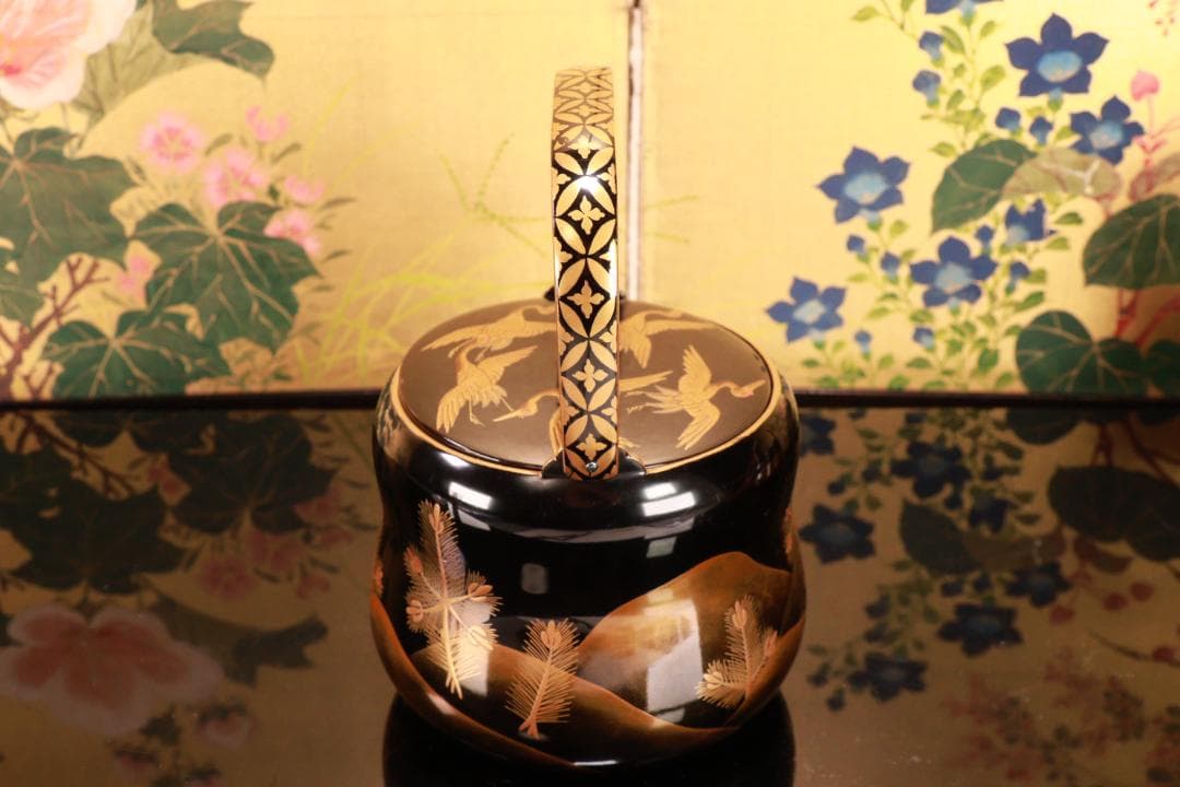 BJ009 高級漆器　時代輪島塗　若松鶴蒔絵　銚子 一対　銀摘　酒道具　懐石道具