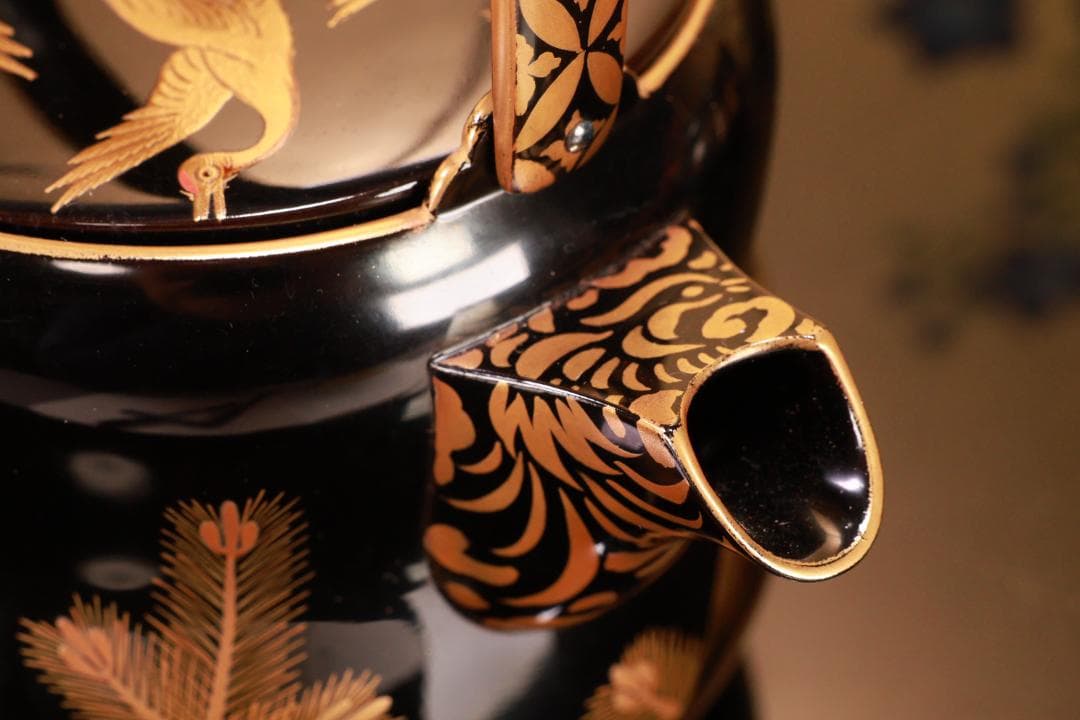 BJ009 高級漆器　時代輪島塗　若松鶴蒔絵　銚子 一対　銀摘　酒道具　懐石道具