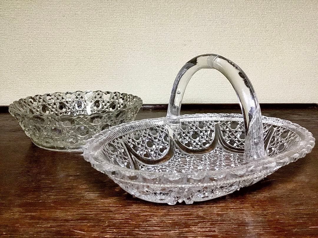 和ガラス◆ガラス鉢 2点◆大正ロマン アンティーク オーバル 取手付き