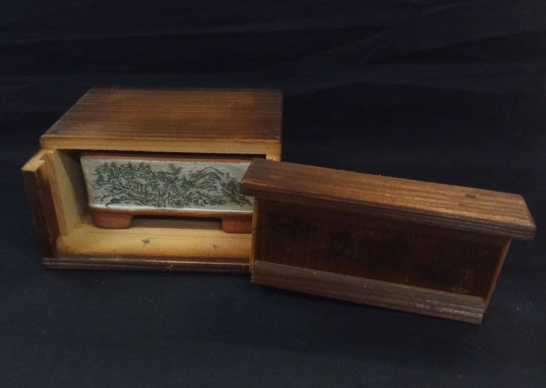 002.【 陶 翠 】春秋 /長方鉢/ミニ盆栽鉢/木箱付き