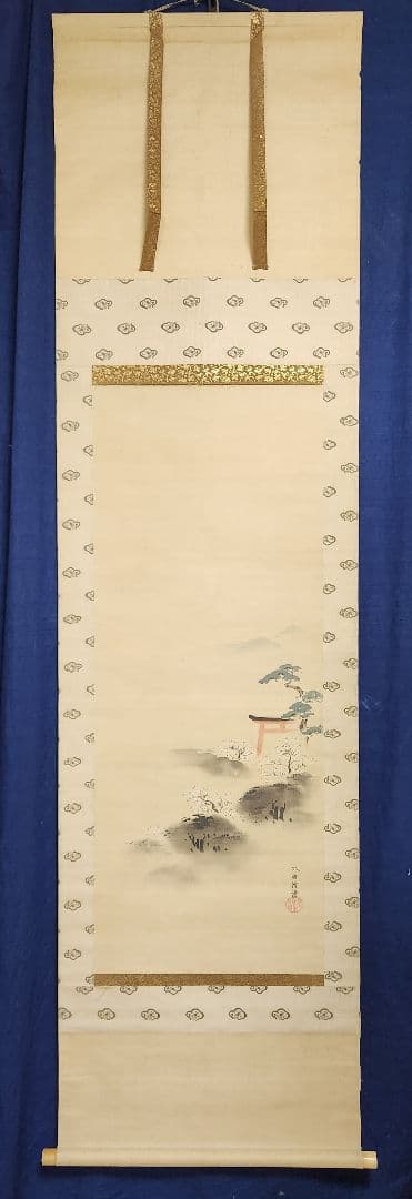 【春色梅花鳥居図】英一蝶 989　掛け軸　肉筆