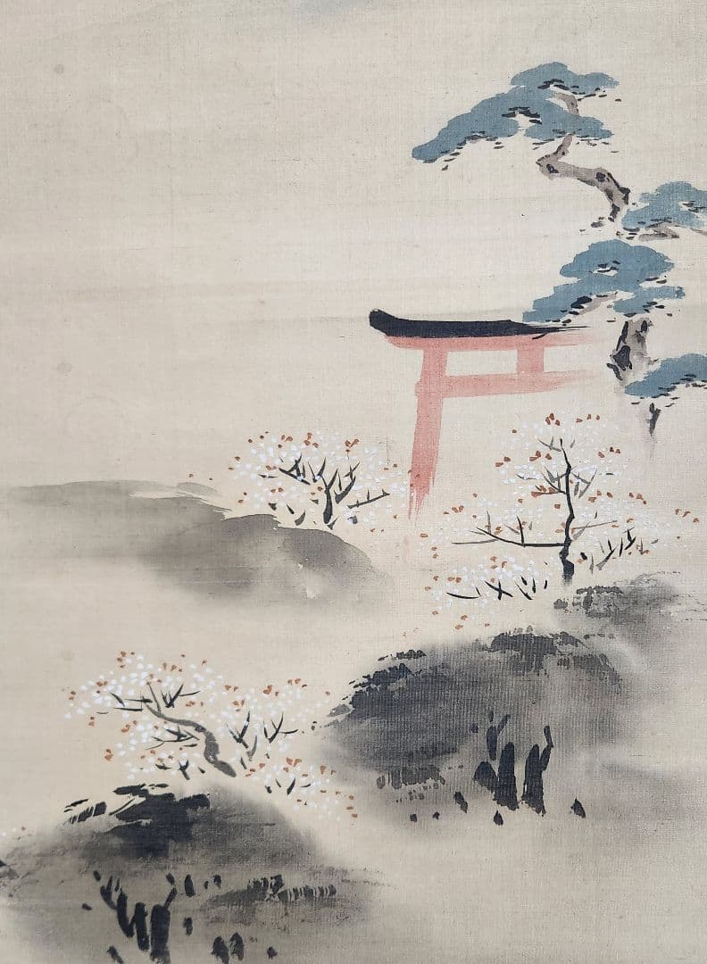 【春色梅花鳥居図】英一蝶 989　掛け軸　肉筆