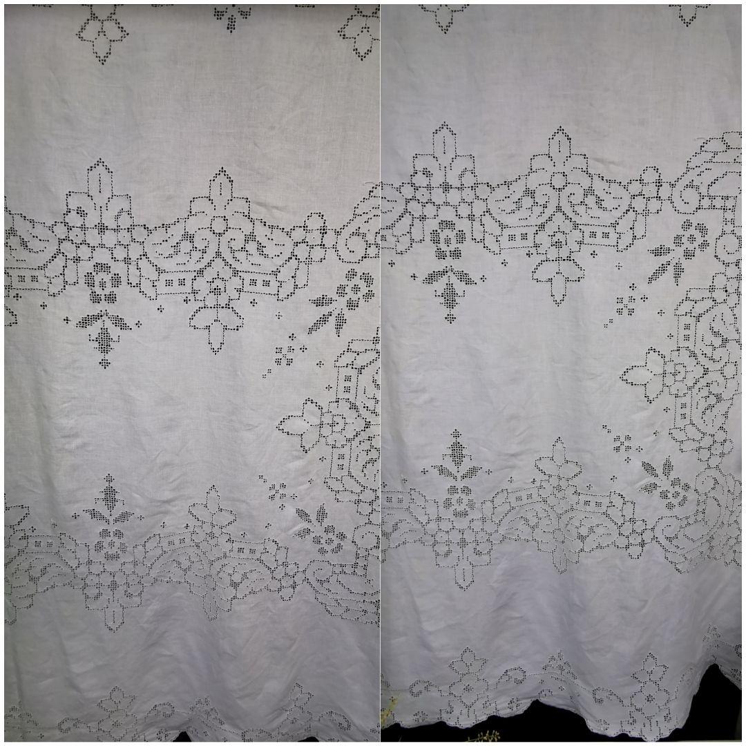 アンティークイタリア モザイクカットワークレース 超大判リネンクロス カーテン