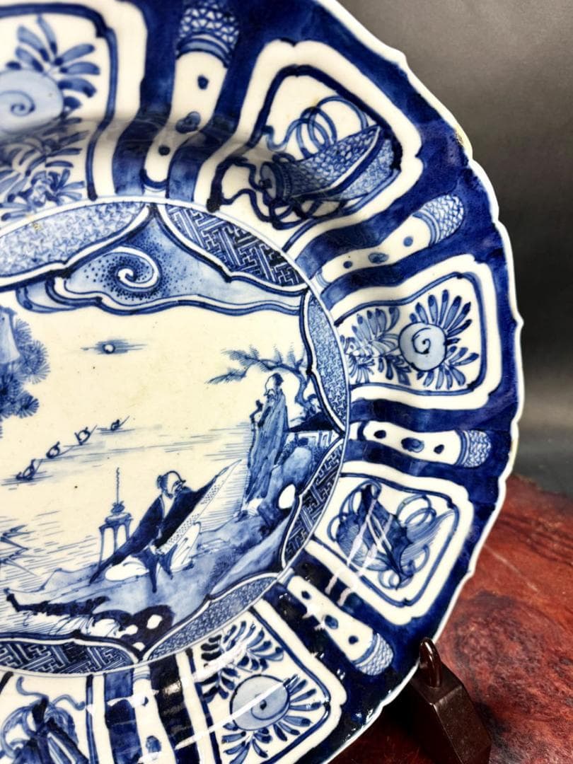 明末時代 章州平和窯 東インド会社クラック瓷青花葵口開光高士図大皿WWTT105