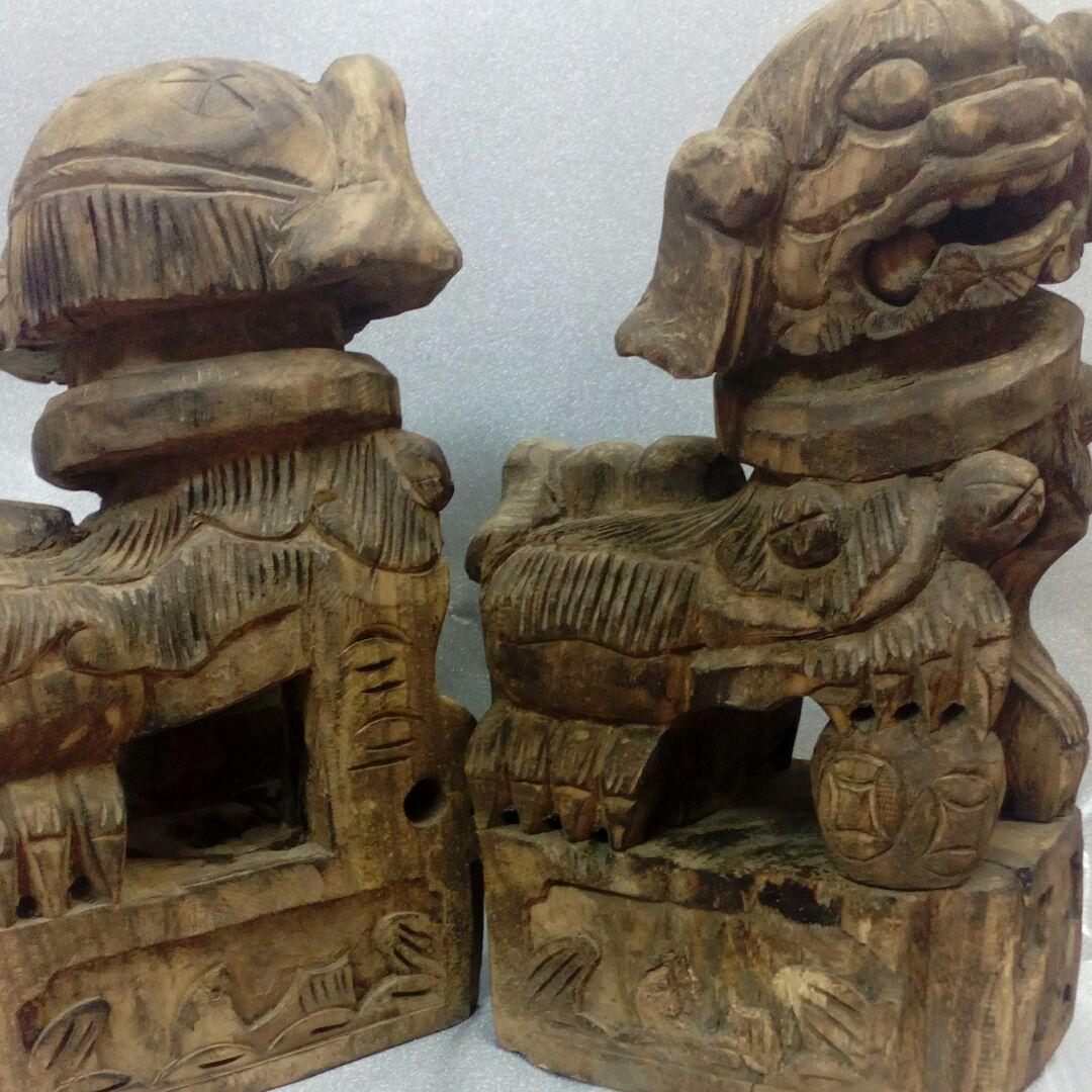 仏教古美術中国朝鮮方面江戸期頃細密造形木彫ニ対獅子２５〜２７センチ寺社仏閣当時物