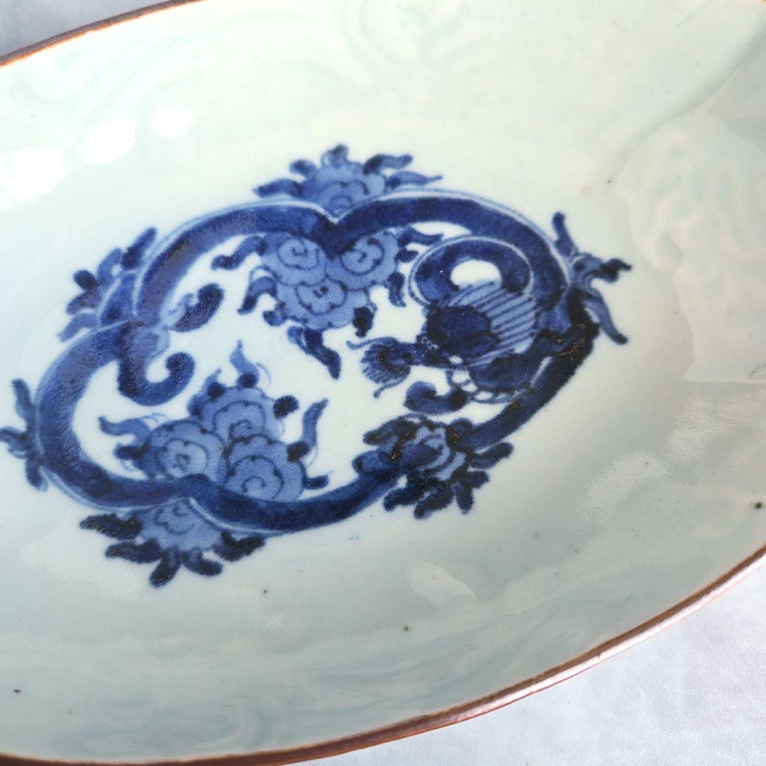 無傷　古伊万里　染付　長皿　陽刻　雲竜　雲龍　金継ぎ　アンティーク　骨董