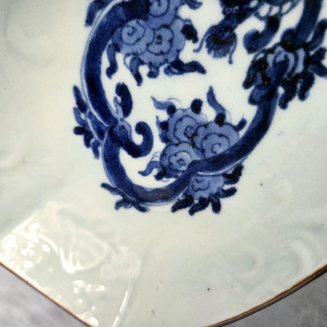 無傷　古伊万里　染付　長皿　陽刻　雲竜　雲龍　金継ぎ　アンティーク　骨董
