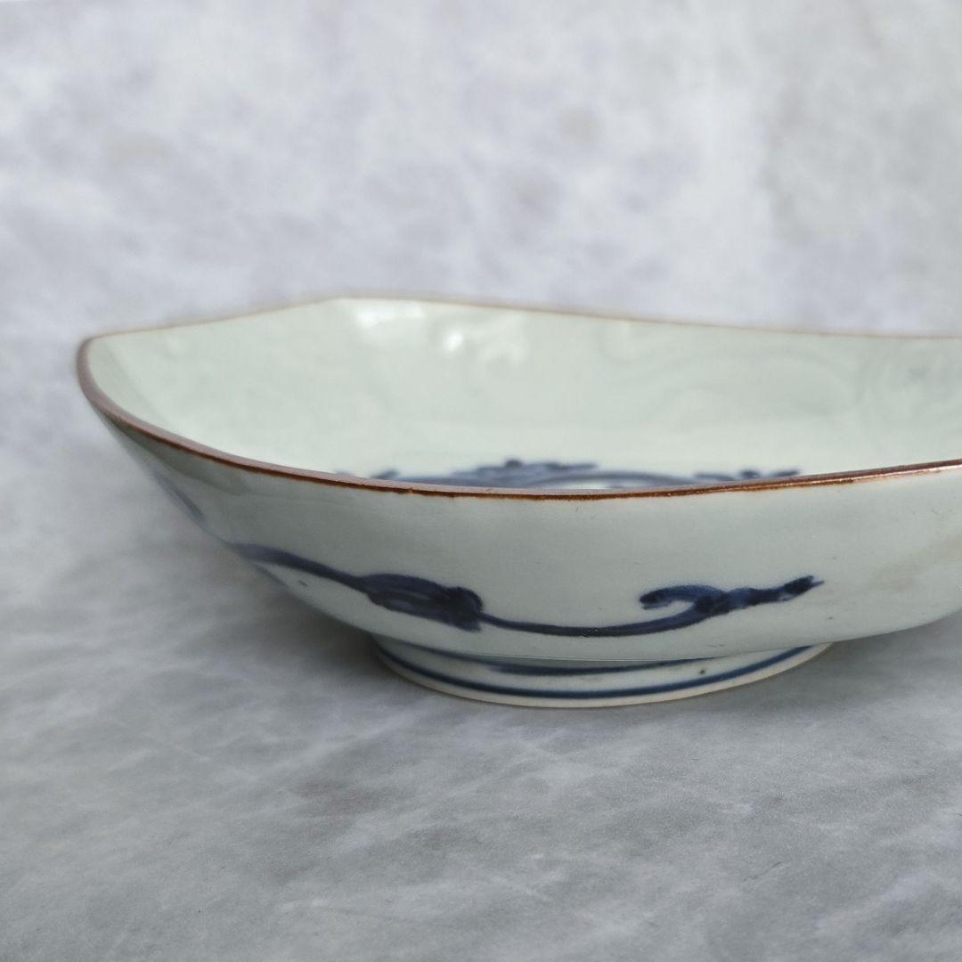 無傷　古伊万里　染付　長皿　陽刻　雲竜　雲龍　金継ぎ　アンティーク　骨董