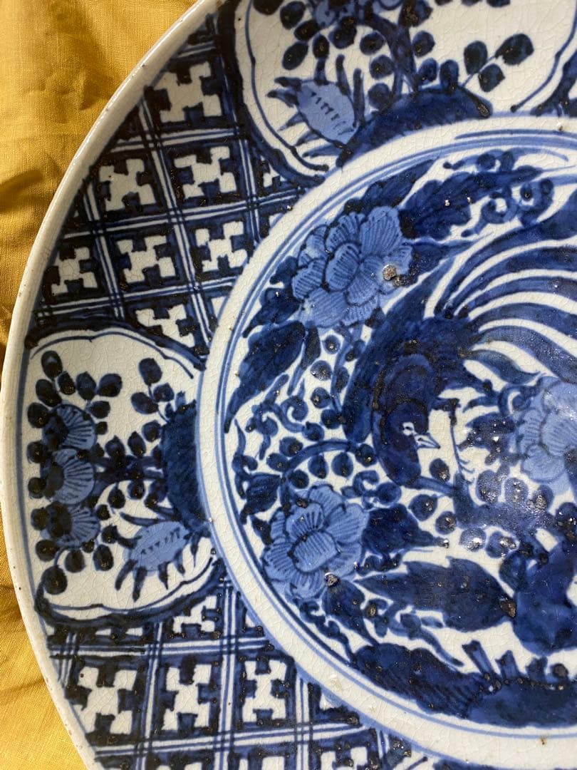 中国美術　呉須染付牡丹鳳凰文大平鉢 大盤 安南大皿 明末～清初 時代箱　骨董品