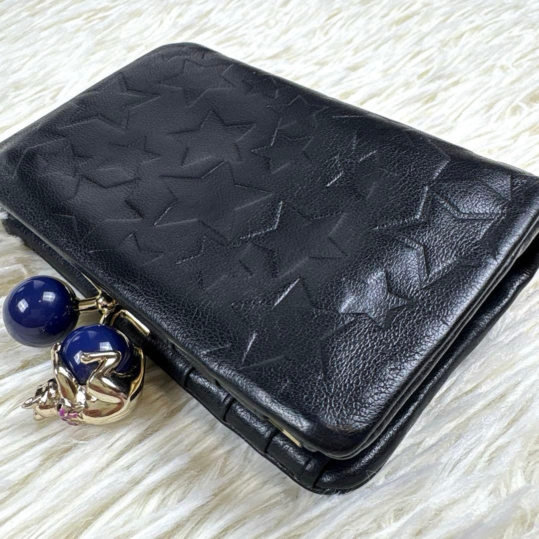 美品、アナスイ、ANNA SUI、ネコ、蝶々、スター柄、二つ折り財布、がま口、黒