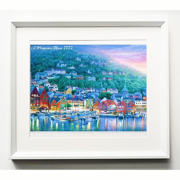 アメリカで版画化ノルウェー　ベルゲン　ヨーロッパ　風景画 白 インテリア 北欧