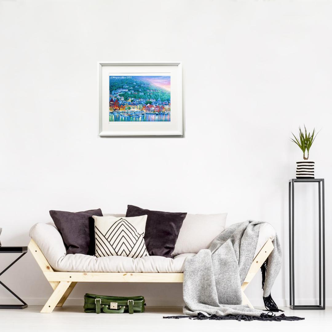 アメリカで版画化ノルウェー　ベルゲン　ヨーロッパ　風景画 白 インテリア 北欧