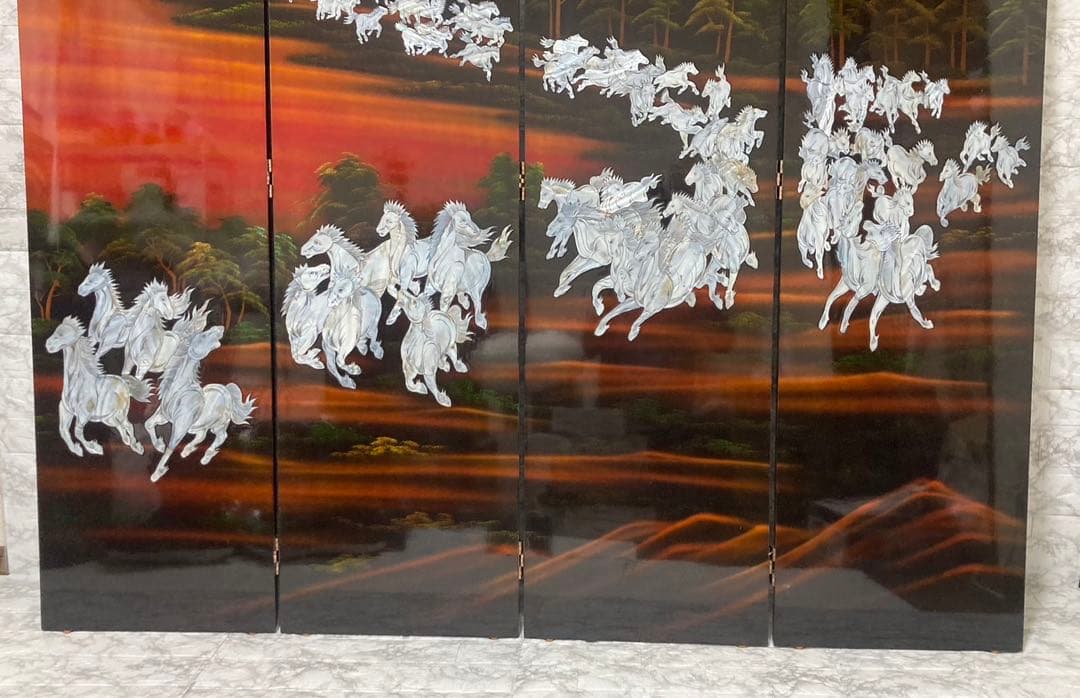 【特大】螺鈿細工 パーテーション 衝立「馬倒成功」 高さ：150cm