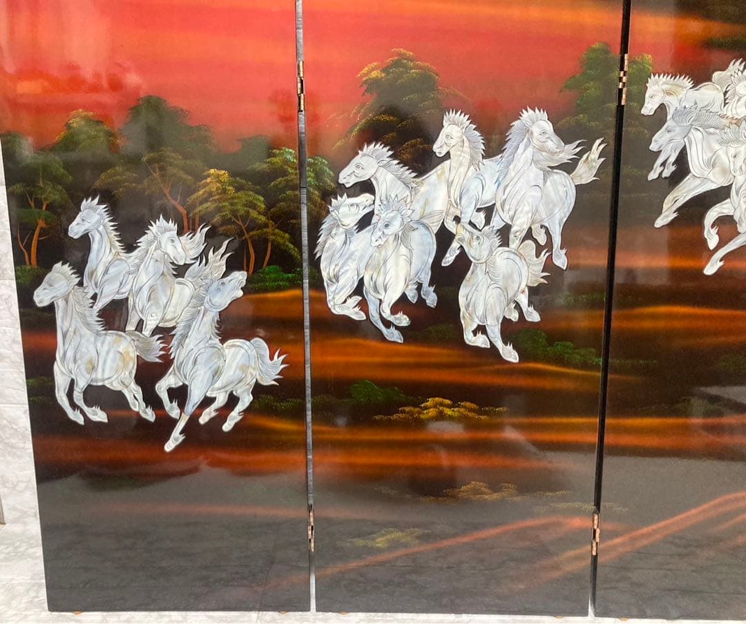 【特大】螺鈿細工 パーテーション 衝立「馬倒成功」 高さ：150cm
