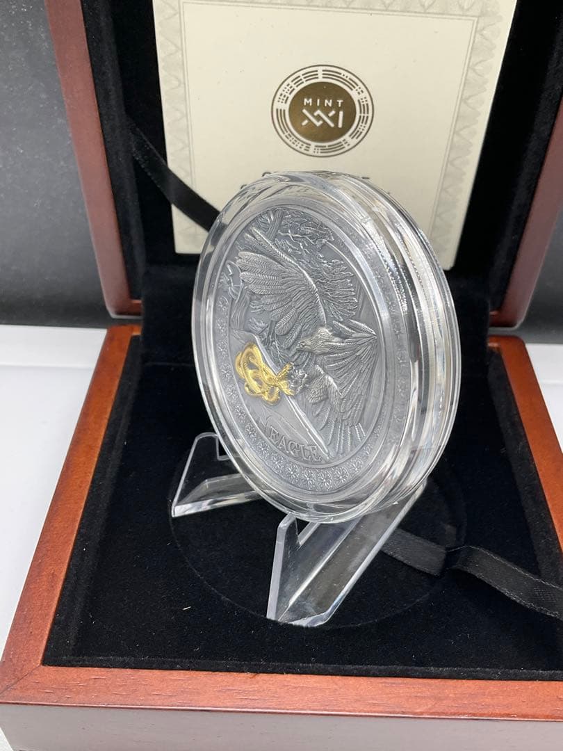 2023年ガーナ　野生の狩人　イーグル アンティーク風・金メッキ付　50g銀貨