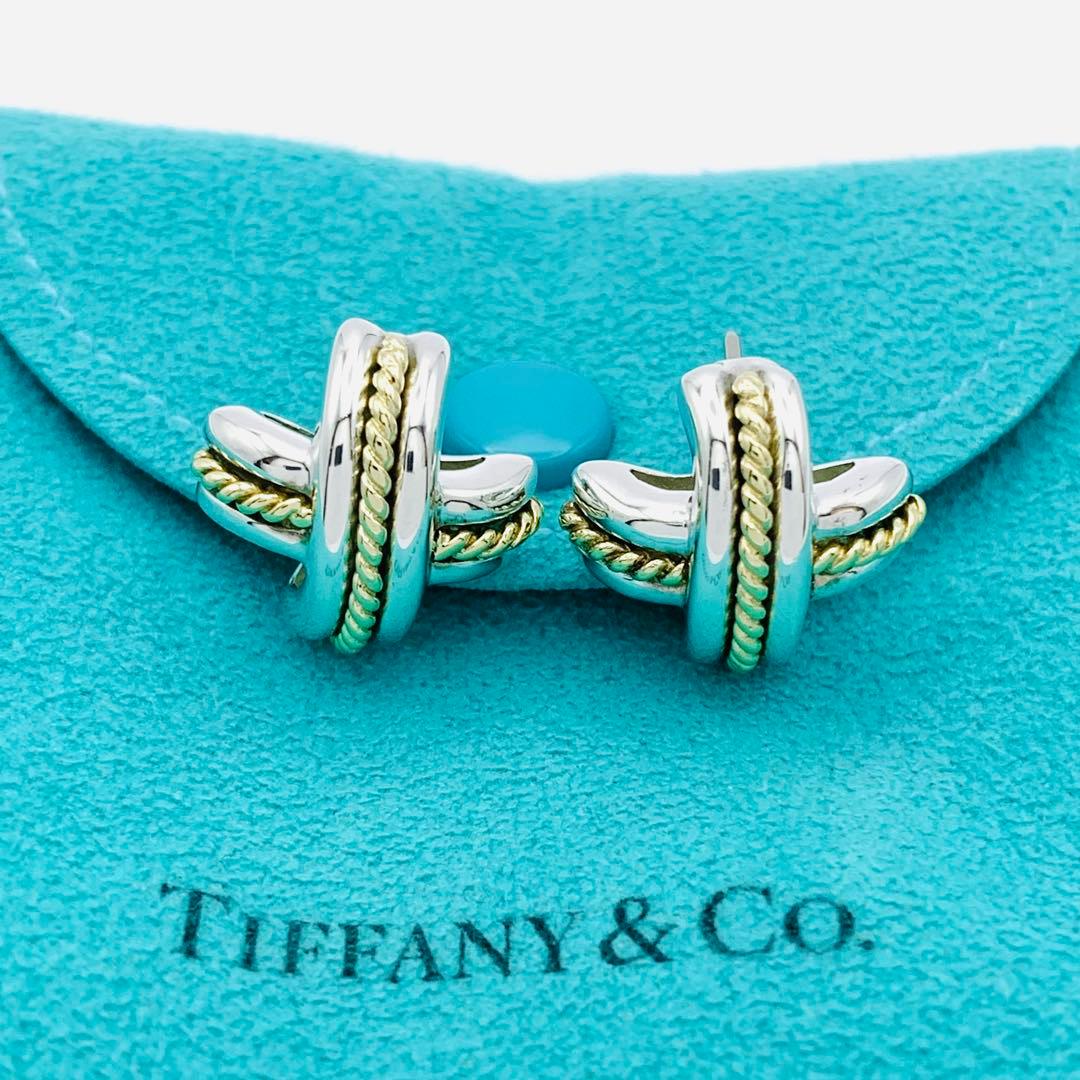 極美品 オールドティファニー シグネチャー コンビ ピアス シルバー k18