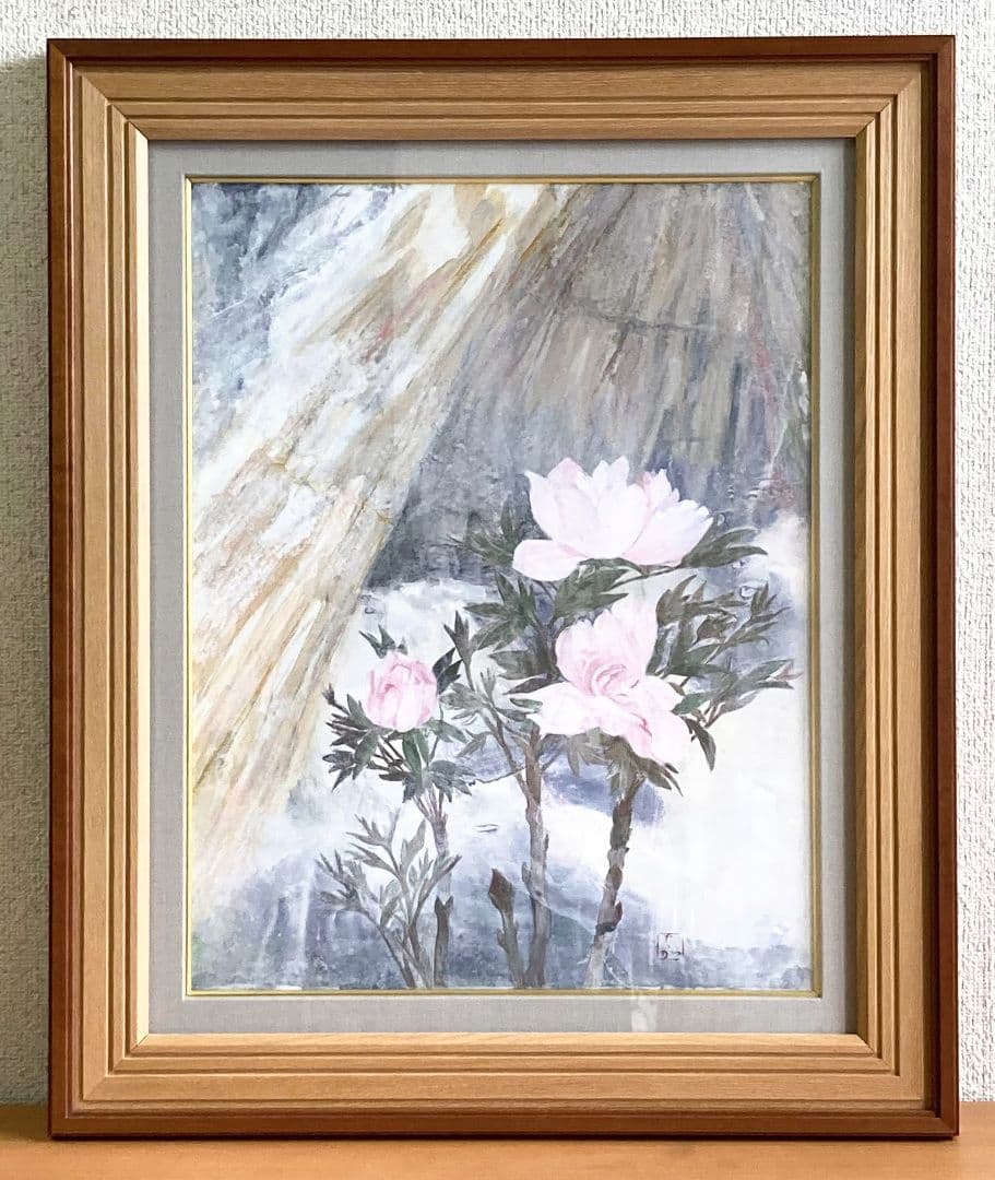 中野嘉之「華の図」額装10号 ●岩彩作品 落款 独創的な花の図柄です●